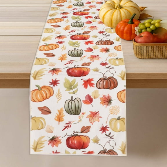 OVZME Joyce Fall Leaves Table Runner for Kitchen Dining Table, Thanksgiving Autumn Printed Harvest Pumpkins Maple Leaves for Halloween Holiday Home Decorations, Water-Proof, Washable, 13" W x 36" L