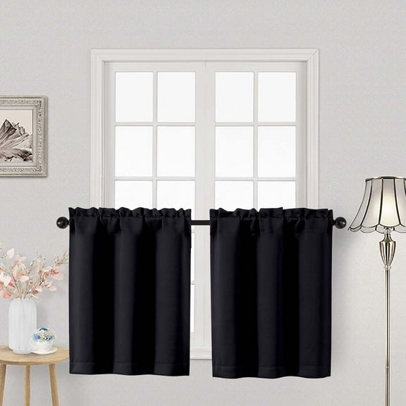 OVZME Black 24 Inch Length Short Blackout Tier Curtains, Rod Pocket Half Window Panels for Kitchen Bathroom Basement Cabinet Camper RV, 2 PCS, Each 30" Wx24" L, Black