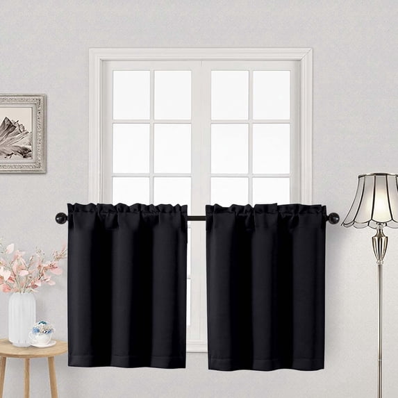 OVZME Black 24 Inch Length Short Blackout Tier Curtains, Rod Pocket Half Window Panels for Kitchen Bathroom Basement Cabinet Camper RV, 2 PCS, Each 30" Wx24" L, Black
