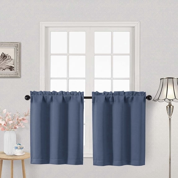 OVZME Denim 24 Inch Length Short Blackout Tier Curtains, Rod Pocket Half Window Panels for Kitchen Bathroom Basement Cabinet Camper RV, 2 PCS, Each 30" Wx24" L, Denim