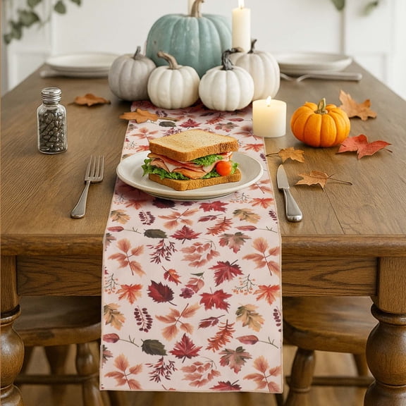 OVZME Kara Fall Leaves Table Runner for Kitchen Dining Table, Thanksgiving Autumn Printed Harvest Pumpkins Maple Leaves for Halloween Holiday Home Decorations, Water-Proof, Washable, 13" W x 36" L
