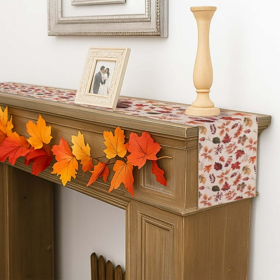 OVZME Kara Fall Leaves Table Runner for Kitchen Dining Table, Thanksgiving Autumn Printed Harvest Pumpkins Maple Leaves for Halloween Holiday Home Decorations, Water-Proof, Washable, 13" W x 72" L