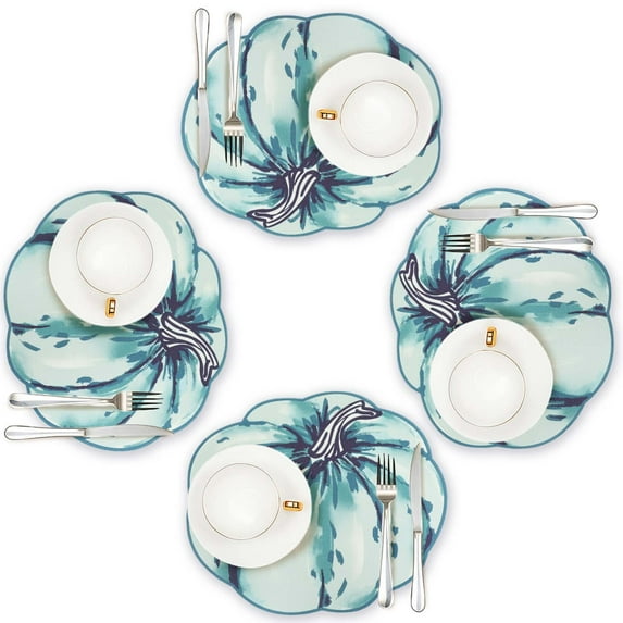 OVZME 4PCS Fall Placemats, Autumn Printed Pumpkin Place Mats for Kitchen Dining Table, Thanksgiving Harvest Halloween Holiday Decor Placemat, Water-Proof, Each 13" x 15", Dark Blue