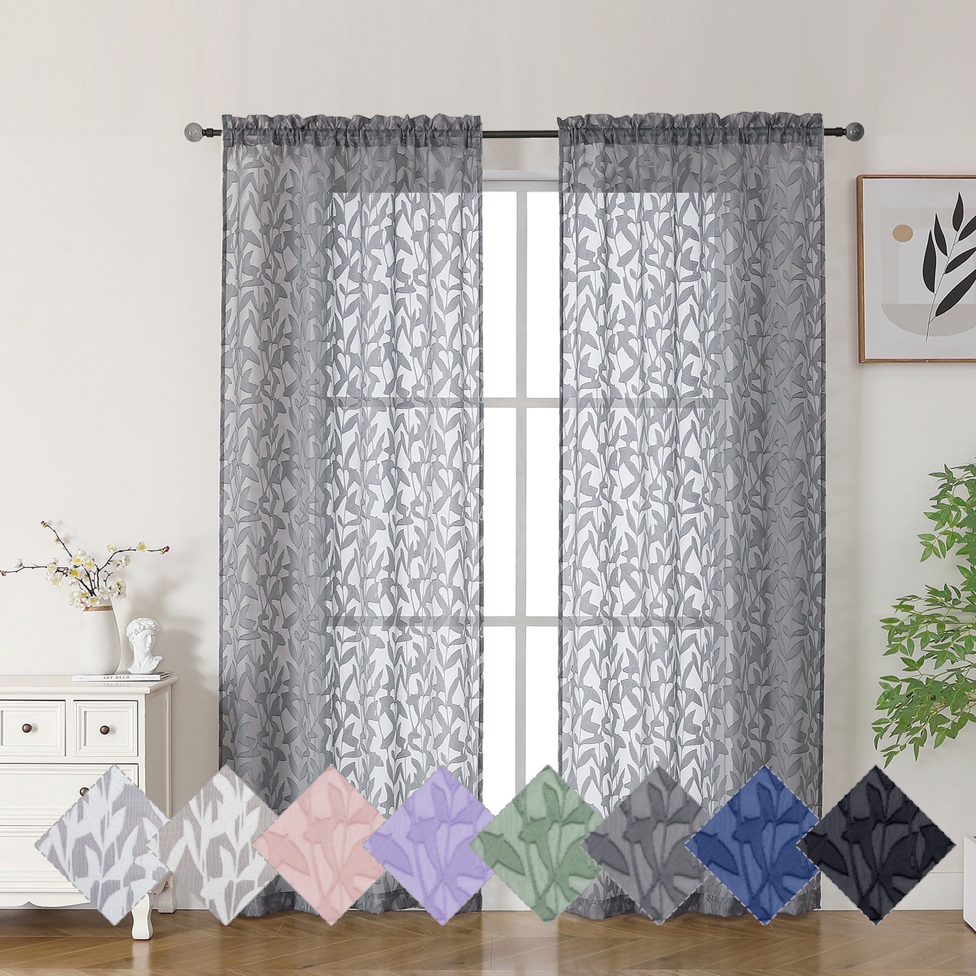 OVZME Leila Light Filtering Grey Sheer Curtains 72 Inches Long 2 Panels, Textured Jacquard Leaf Pattern Farmhouse Door Curtains for Living Room, Bedroom, Bathroom, Each 40Wx72L Inch, Grey
