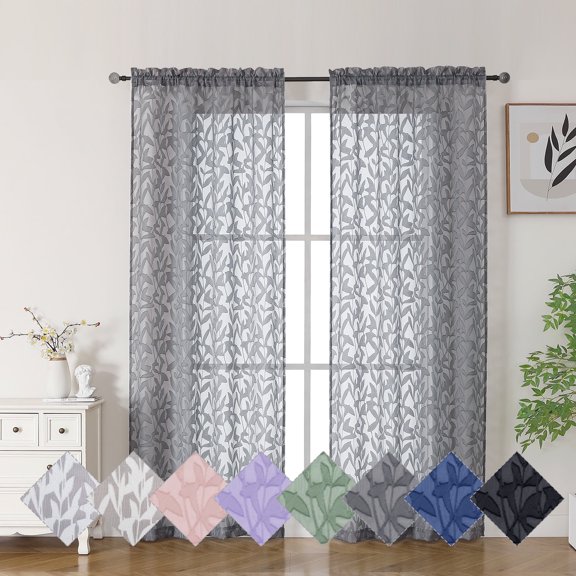 OVZME Leila Light Filtering Grey Sheer Curtains 72 Inches Long 2 Panels, Textured Jacquard Leaf Pattern Farmhouse Door Curtains for Living Room, Bedroom, Bathroom, Each 40Wx72L Inch, Grey