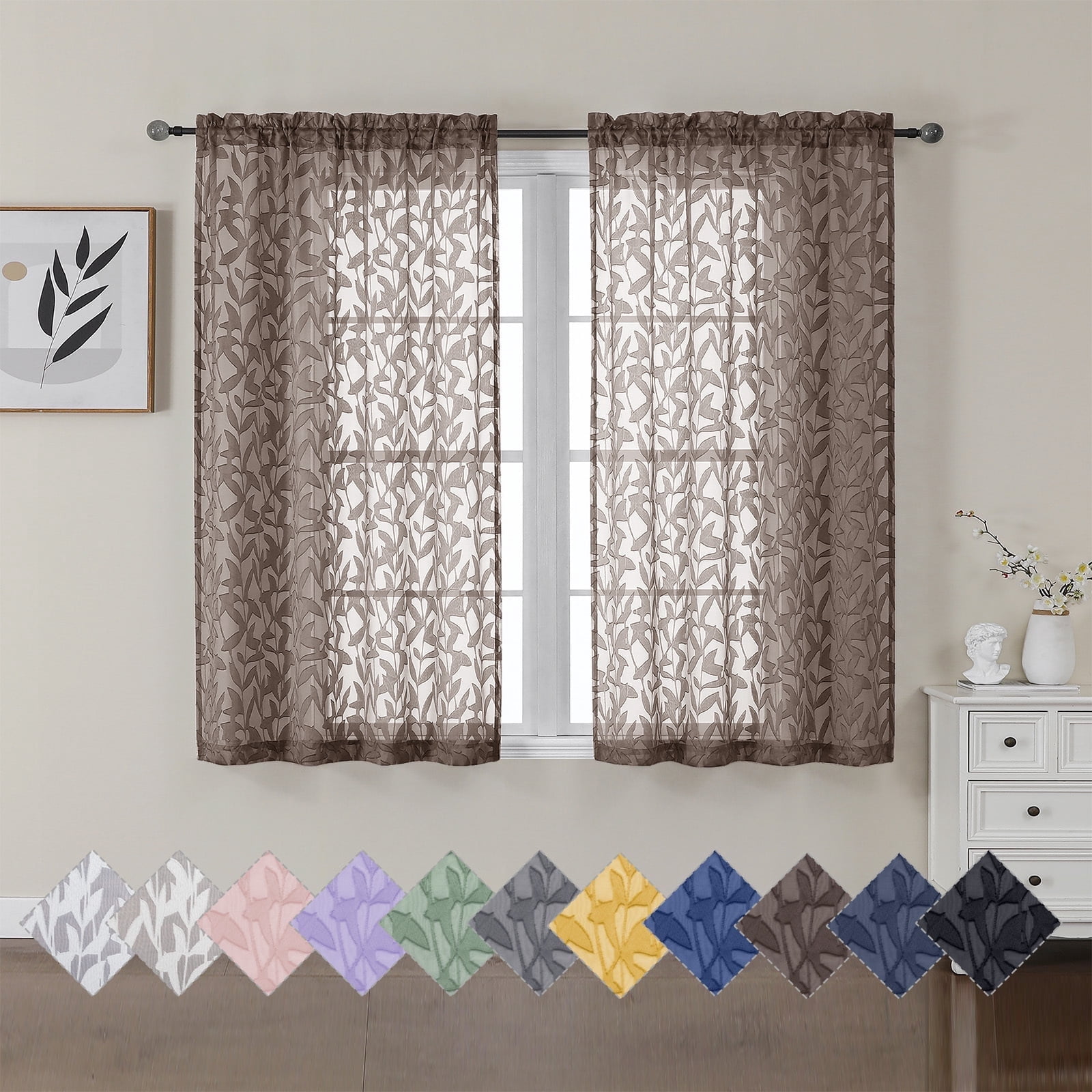 OVZME Leila Chocolate Sheer Curtains 54 Inch Length 2 Panels Set, Light Filtering Textured Leaf Jacquard Small Window Curtain for Living Room Bedroom Rod Pocket, Each 40"Wx54"L, Chocolate