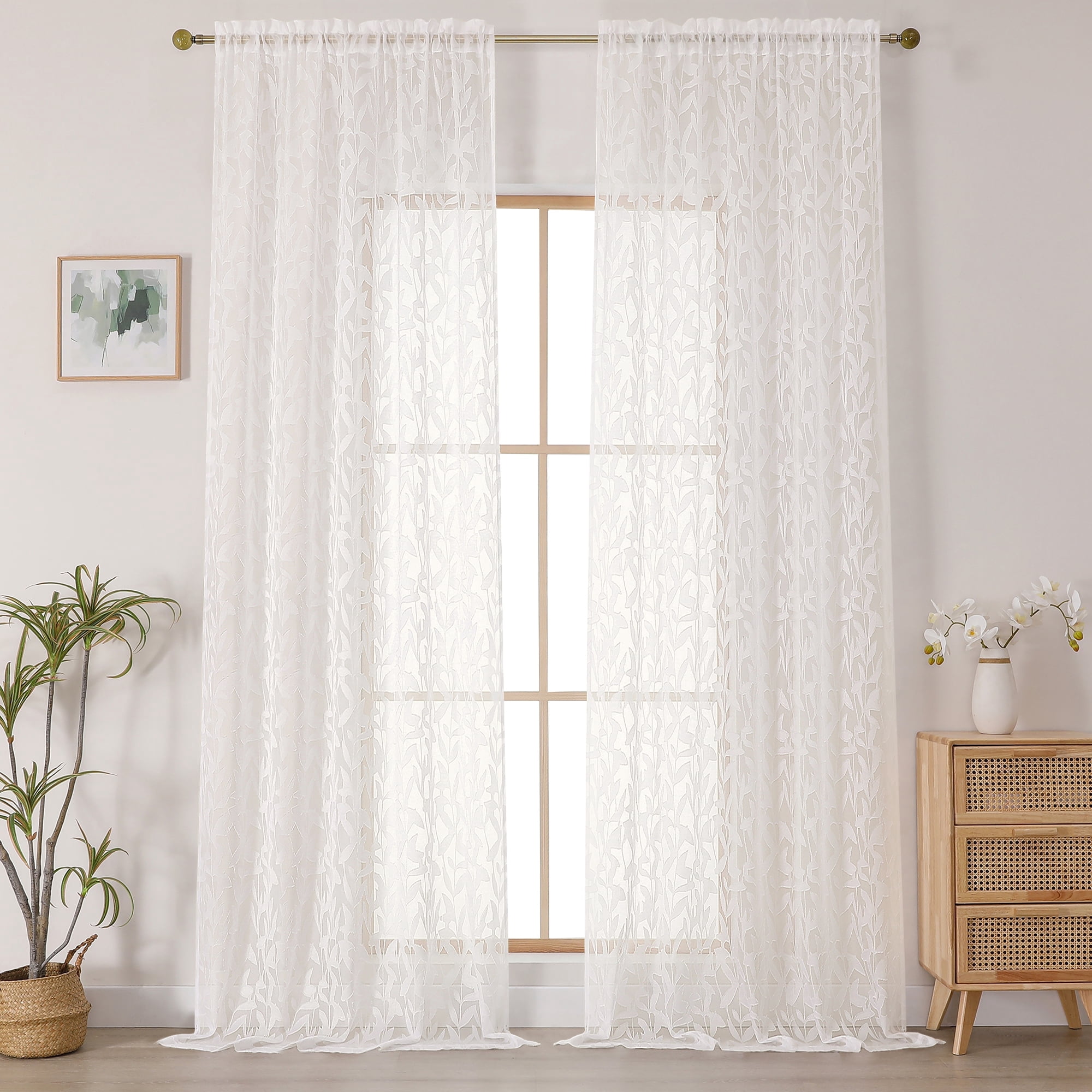 OVZME Leila Extra Long 120 Inch Length Sheer Curtains 2 Panels Ivory, Jacquard Leaf Textured Semi-Sheer Drapes, Farmhouse Style with Rod Pocket for Living Room Bedroom, 52" W x 120" L, Ivory