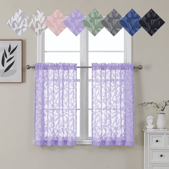 OVZME Leila Lavender Leaf Jacquard Kitchen Curtains 36 Inches Long 2 Panels Set, Small Curtains for Kitchen Living Room, 40W x 36L Inch, Lavender