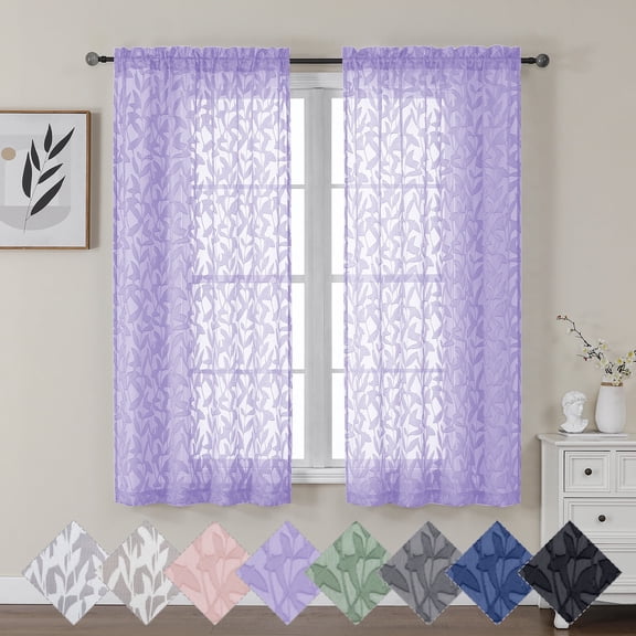 OVZME Leila Lavender 63 Inch Long 2 Panels Sheer Curtains for Living Room, Jacquard Clip Leaf Pattern Textured Light Filtering Voile Curtains with Rod Pocket, Each 40 x 63 Inch, Lavender