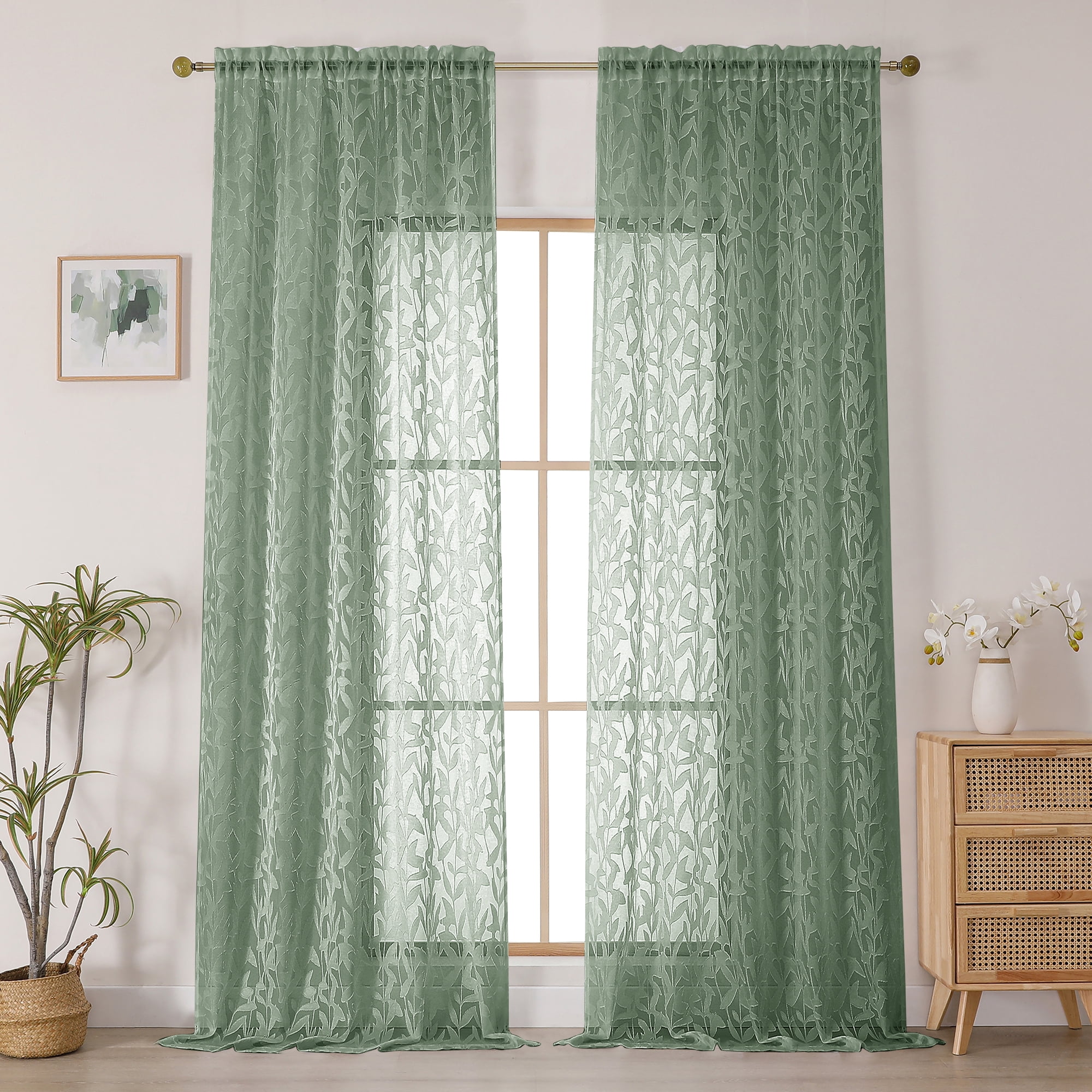 OVZME Leila Sage Green Sheer Curtains 108 Inches Long 2 Panels, Light