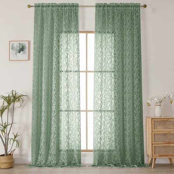 OVZME Leila 2PCS Sage Green Extra Long 120 Inches Sheer Curtains, Voile Jacquard Leaf Textured Semi-Sheer Drapes, Farmhouse Style with Rod Pocket for Living Room & Bedroom, 52" W x 120"L, Sage Green