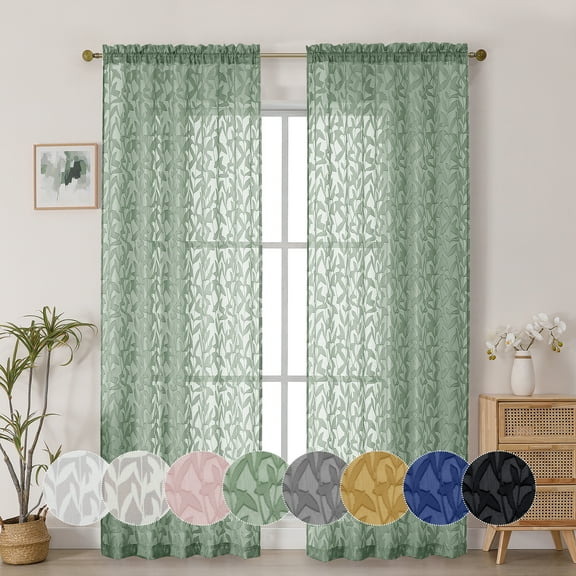 OVZME Leila Sage Green Sheer Curtains 84 Inches Long 2 Panels Set, Light Filtering Leaves Jacquard Window Curtain Drapes for Living Room Bedroom, Each 52Wx84L Inch, Sage Green