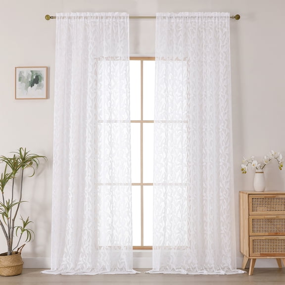OVZME Leila White Sheer Curtains 108 Inches Long 2 Panels, Light Filtering Jacquard Leaf Textured Drapes, Rod Pocket Farmhouse Window Treatments for Living Room Bedroom, 52"W x 108"L, White