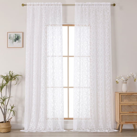 OVZME Leila White Sheer Curtains Extra Long 120 Inch Length 2 Panels, Jacquard Leaf Textured Semi-Sheer Drapes, Farmhouse Style with Rod Pocket for Living Room & Bedroom, 52" W x 120" L, White