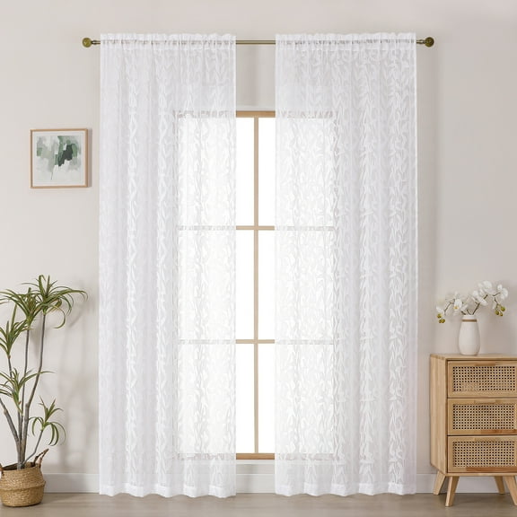 OVZME Leila White Sheer Curtains 90 Inches Long 2 Panels, Textured Jacquard Leaf Pattern Farmhouse Door Curtains for Living Room, Bedroom, Bathroom, Each 52Wx90L Inch, White