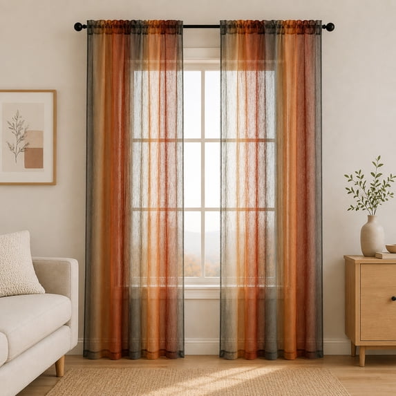 OVZME Bright Orange Ombre Print Crushed Sheer Curtains 63 Inch Length 2 Panels, Rod Pocket Light Filtering Window Drapes for Kitchen Bedroom Living Room, Each 42x63 Inch