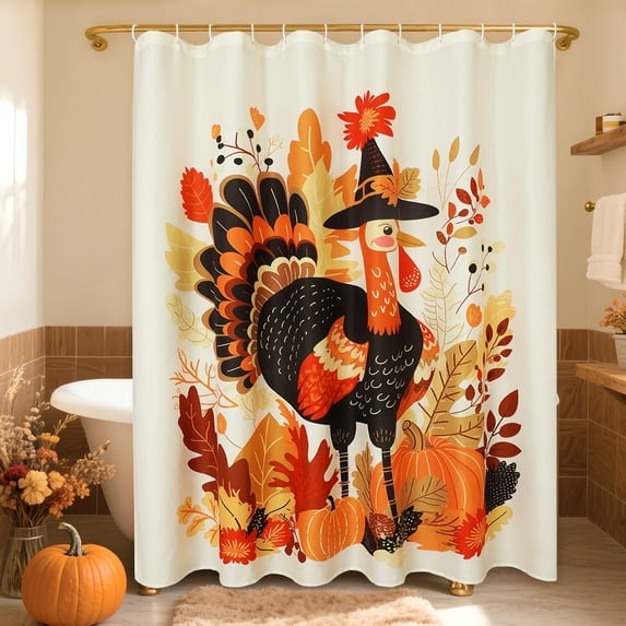 OVZME Thanksgiving Turkey Shower Curtain, Waterproof Soft Polyester Fabric Bathroom Decor with Autumn Colors, Seasonal Harvest Bathtub Curtain for Fall Season, 72x72 Inches