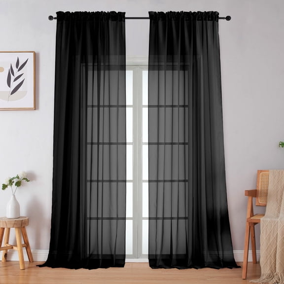 OVZME Black Sheer Curtains 96" Long 2 Panels Set for Living Room & Bedroom, Premium Lightweight Voile Sheer Drapes with Rod Pocket - Each Panel 59" Wide x 96" Length, Black