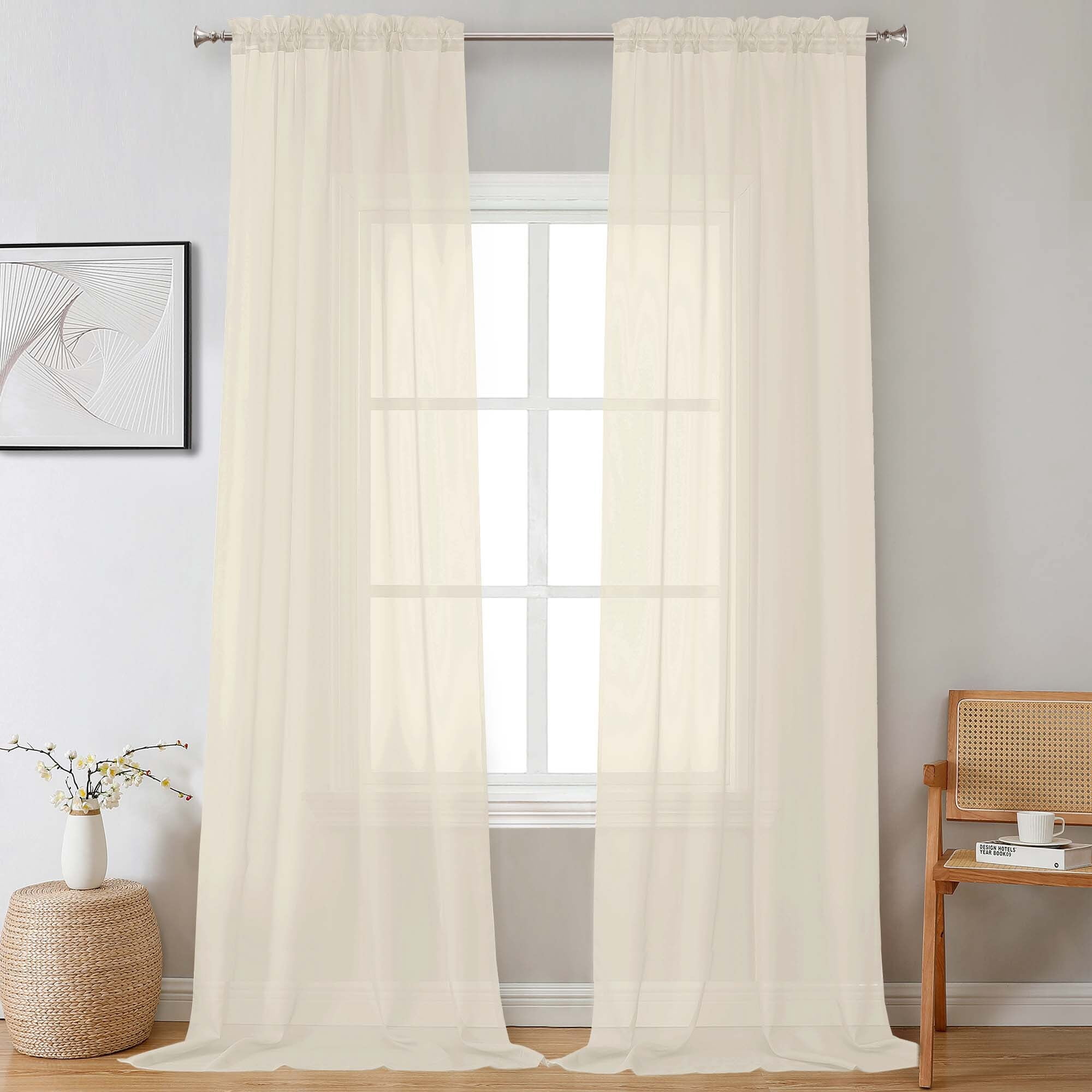 OVZME Long Sheer Curtain Panels 108 inch Long, 2 Pack, Basic Rod Pocket