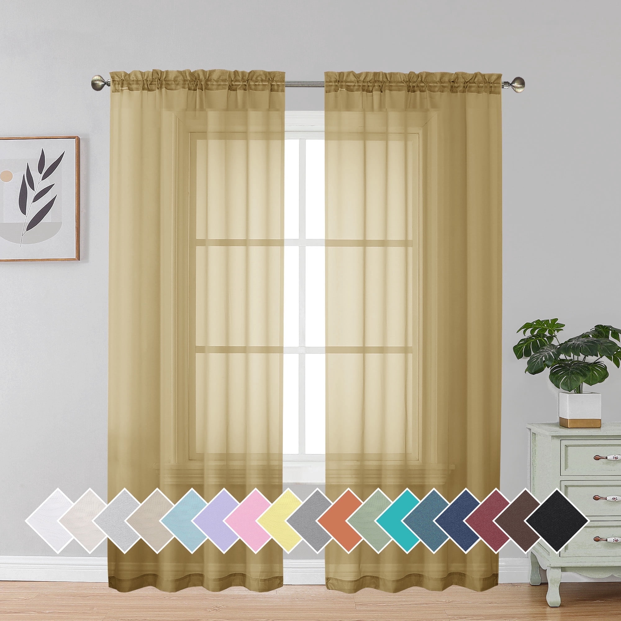 OVZME 42x72 Gold Sheer Curtains 2 Pack, Soft Voile for Living