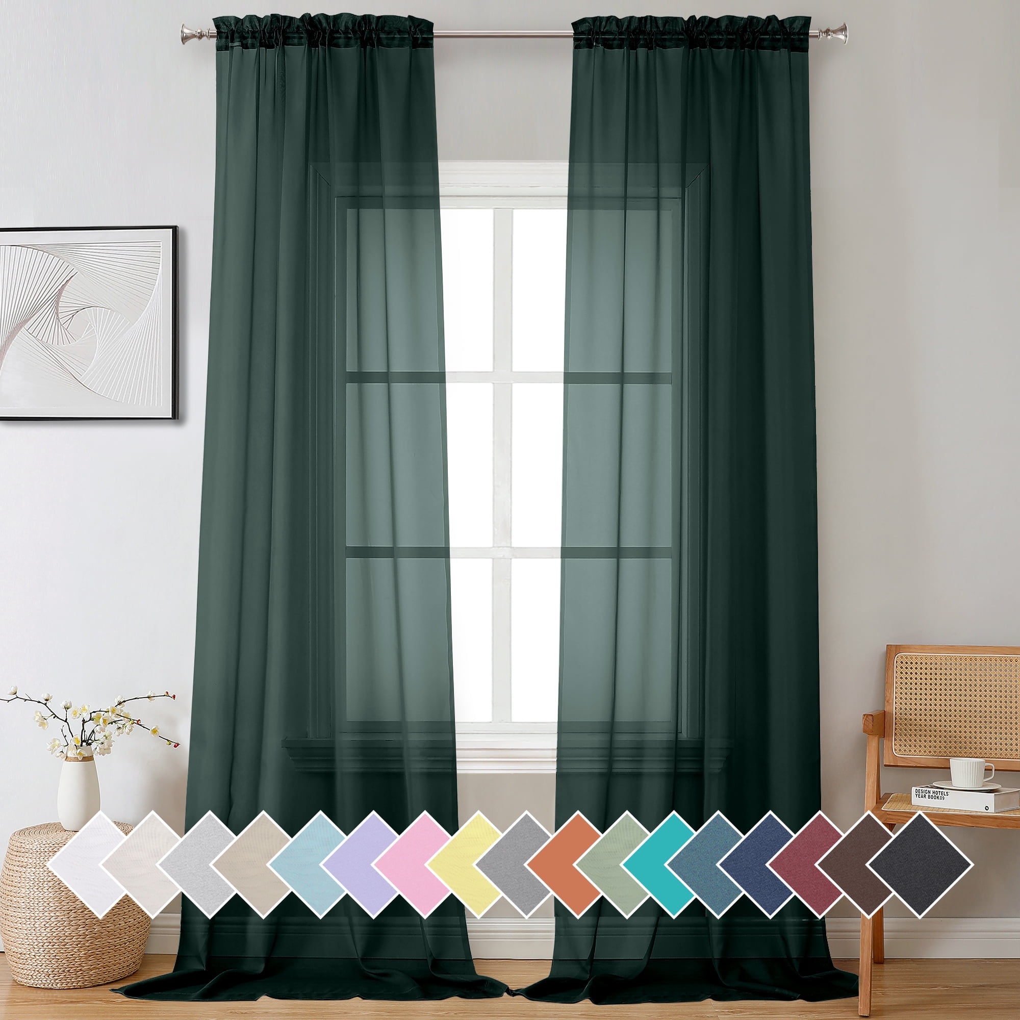 OVZME Long Sheer Curtain Panels 108 inch Long, 2 Pack, Basic Rod Pocket