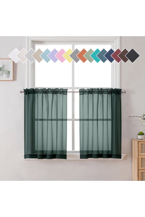 Hunter Green Sheer Kitchen Curtain Tiers 2 Panels, Light Filtering Small Curtains for Bathroom Living Room Cafe Basement ,W42 x L24 inch, Set of 2, Hunter Green