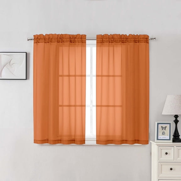 OVZME 42x45 Orange Sheer Curtains 2 Pack, 45" Apron Length for Kitchen Dining Room, Soft Voile Tier Curtains for Half Small Window, Each 42Wx45L