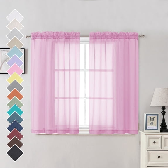 OVZME 42x45 Pink Sheer Curtains 2 Pack, 45" Apron Length for Kitchen Dining Room, Soft Voile Tier Curtains for Half Small Window, Each 42Wx45L
