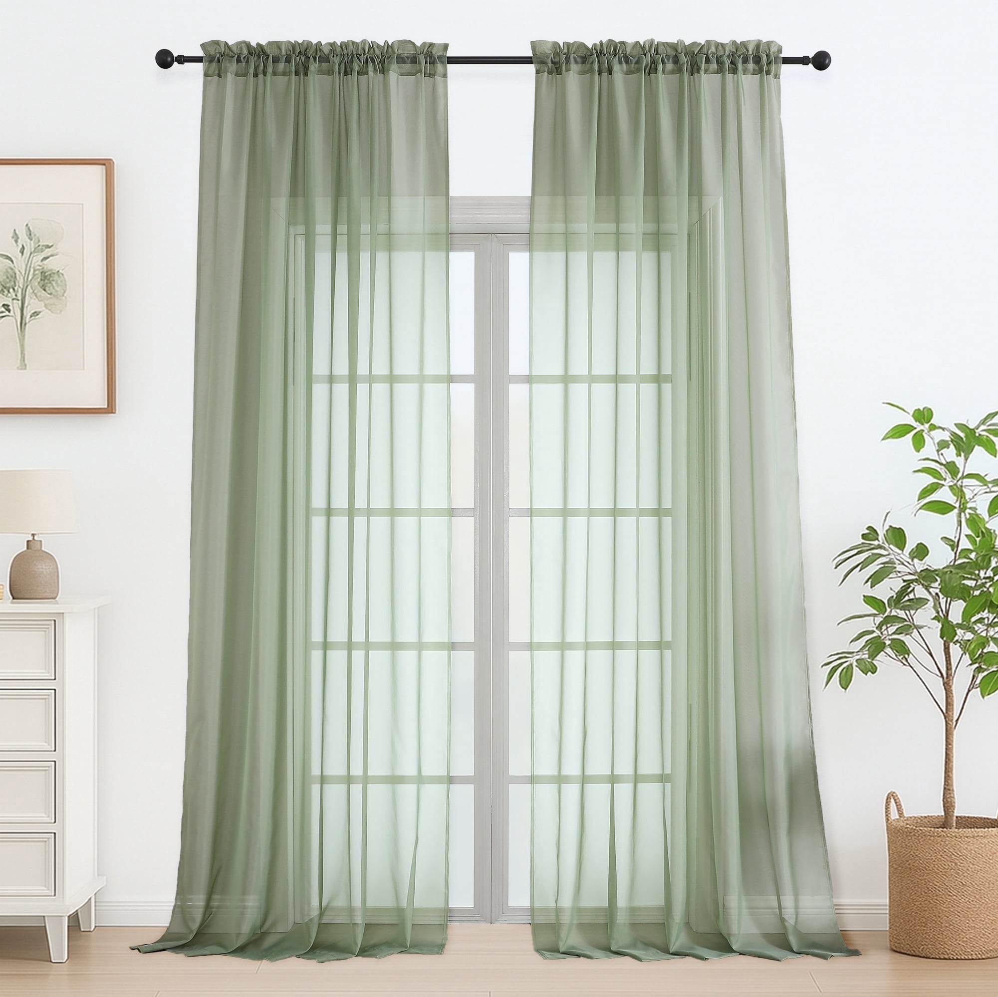 OVZME Sage Green Sheer Curtains 96 Inches Long 2 Panels with Rod Pocket ...