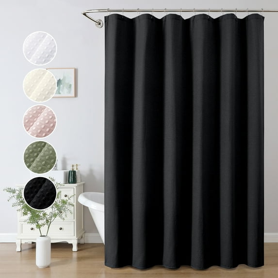 OVZME Black Extra Long Waffle Textured Cloth Shower Curtain - 96 Inch Long Hotel Luxury Heavy Duty Soft Fabric Shower Curtains for Bathroom, 72"Wx96"H, Black