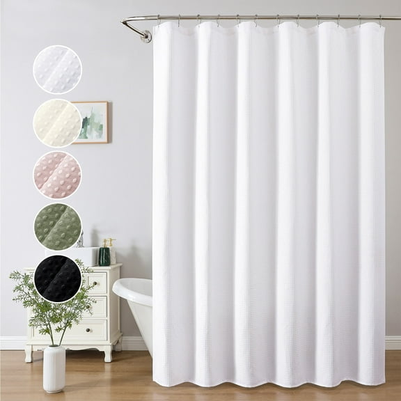 OVZME Extra Long Fabric Shower Curtain - 84 inch Long Waffle Weave Heavy Textured Fabric Bathroom Shower Curtain, Neutral Weighted Hotel Thick Bath Curtains, 72"Wx84"H, White