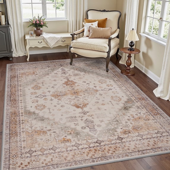 SIXHOME 4'x6' Area Rug for Living Room Vintage Bohemian Soft Carpet Neutral Blue Washable Non-Slip Indoor Rug for Bedroom Dining Room Home Office Low Pile Accent Floor Rug for Home Decor Beige
