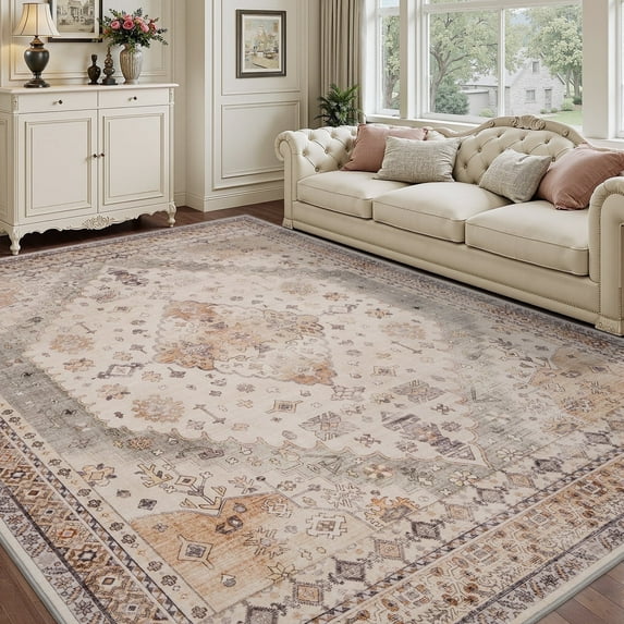 SIXHOME 5'x7' Area Rug for Living Room Vintage Bohemian Soft Carpet Neutral Blue Washable Non-Slip Indoor Rug for Bedroom Dining Room Home Office Low Pile Accent Floor Rug for Home Decor Beige