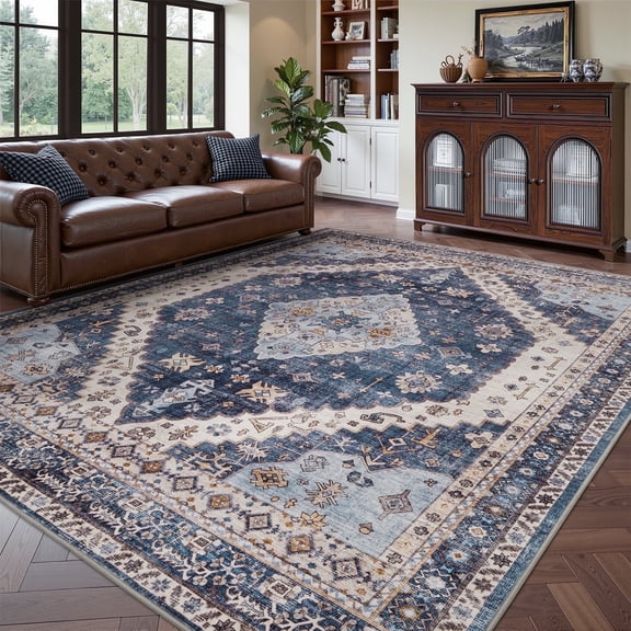 SIXHOME 5'x7' Area Rug for Living Room Vintage Bohemian Soft Carpet Neutral Blue Washable Non-Slip Indoor Rug for Bedroom Dining Room Home Office Low Pile Accent Floor Rug for Home Decor Blue