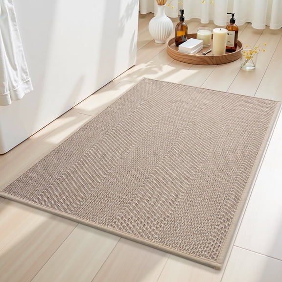 SIXHOME 17"x24" Bathroom Rugs Non Slip Bath Mat Rubber-Backing Wove Braided Absorbent Bath Rugs Machine Washable Thin Bathroom Mats Fit Under Door Soft Quick Dry Bathroom Rugs Beige