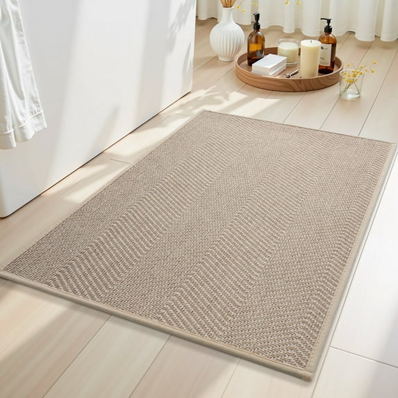 SIXHOME 17"x30" Bathroom Rugs Non Slip Bath Mat Rubber-Backing Wove Braided Absorbent Bath Rugs Machine Washable Thin Bathroom Mats Fit Under Door Soft Quick Dry Bathroom Rugs Beige