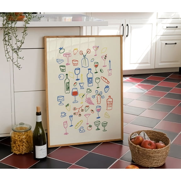 WM Retro Dinner Table Print, Food and Drinks Illustrations Poster, Maximalist Kitchen Gallery Wall Art, Apartment Decor, Bar Cart Art Print
