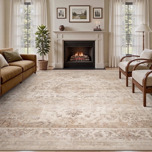 SIXHOME 5'x7' Area Rug Washable Retro Living Room Bedroom Carpet Soft Floral Distressed Indoor Rug Beige