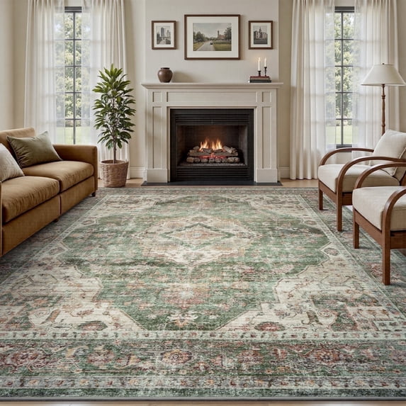 SIXHOME 8'x10' Area Rug Washable Retro Living Room Bedroom Carpet Soft Floral Distressed Indoor Rug Light Green