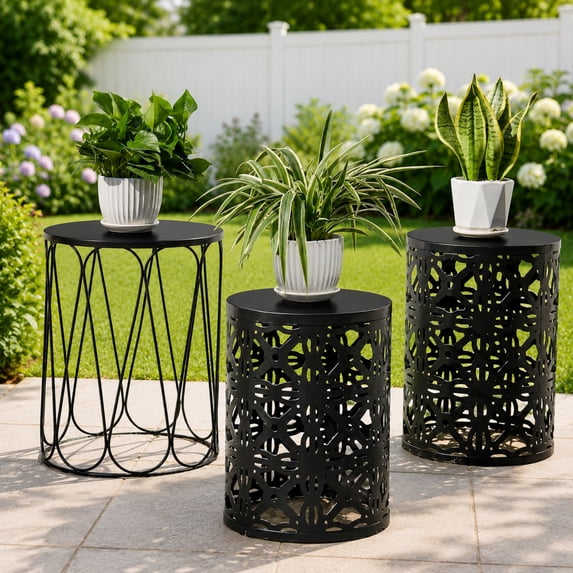 Y&M Set of 3 Garden Black Accent Decorative Stool, Nesting Metal Round Coffee Table, Black End Tables, Heavy Duty Meta Plant Stand Decorative Garden Stool, Outdoor Multifunctional Use