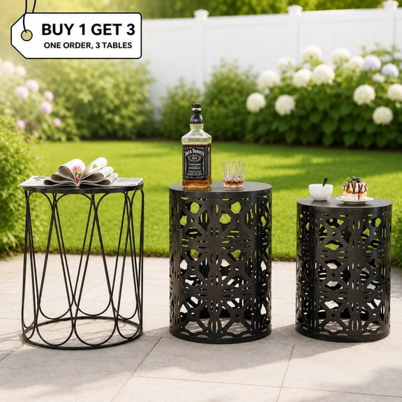 Y&M 3-Piece Nesting End Table Set, Round Metal Side Tables with Geometric Design, Bronze