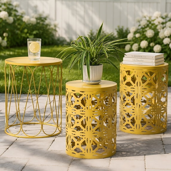 Y&M Set of 3 Stacking Coffee Table for Living Room, Patio Side Table,Indoor End Tables for Bedroom, Outdoor Decorative Garden Stool with Heavy Duty Metal Frame Modern Industrial Decor - Yellow