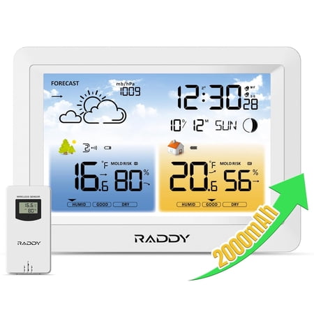WM6 Weather Station with 2000mAh Rechargeable Battery, Wireless Indoor Outdoor Thermometer Hygrometer Barometer with Atomic Clock Weather Forecast for Home Use