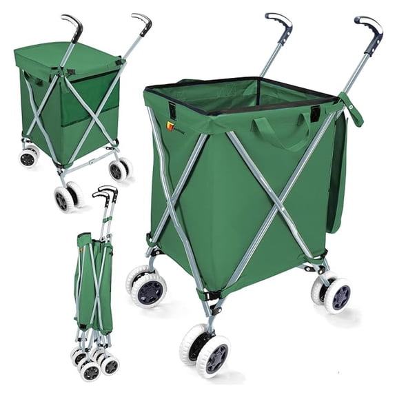 WM99100 Series Folding Shopping Cart with Wheels, Grocery Cart with Removable Canvas with Cover, Lightweight Utility Cart for Groceries and Laundry - Holds up to 120 lbs (Green)