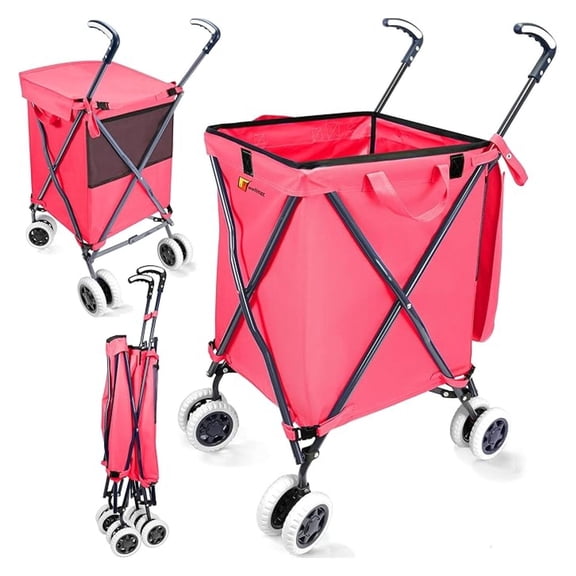 WM99100 Series Folding Shopping Cart with Wheels, Grocery Cart with Removable Canvas with Cover, Lightweight Utility Cart for Groceries and Laundry - Holds up to 120 lbs (Pink)