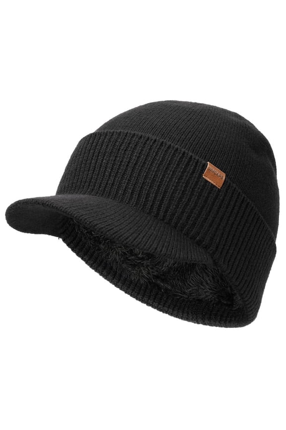 Mens Winter Beanie with Brim - Fleece Lined Thermal Knit Visor Hat for Cold Weather (Black)
