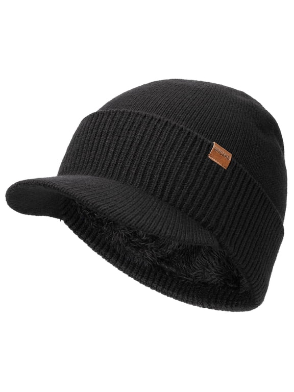Mens Winter Beanie with Brim - Fleece Lined Thermal Knit Visor Hat for Cold Weather (Black)