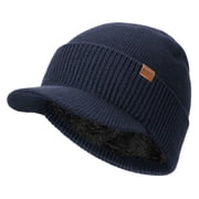 WMCAPS Mens Winter Beanie with Brim - Fleece Lined Thermal Knit Visor Hat for Cold Weather Navy Blue