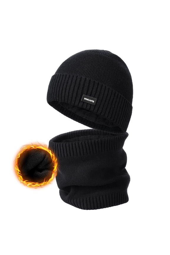Unisex Fleece Lined Beanie & Scarf Set Gifts for Men Women, Thick Fleece Warmer Neck Face Scarf Set, Stocking Caps with Scarf (Black)