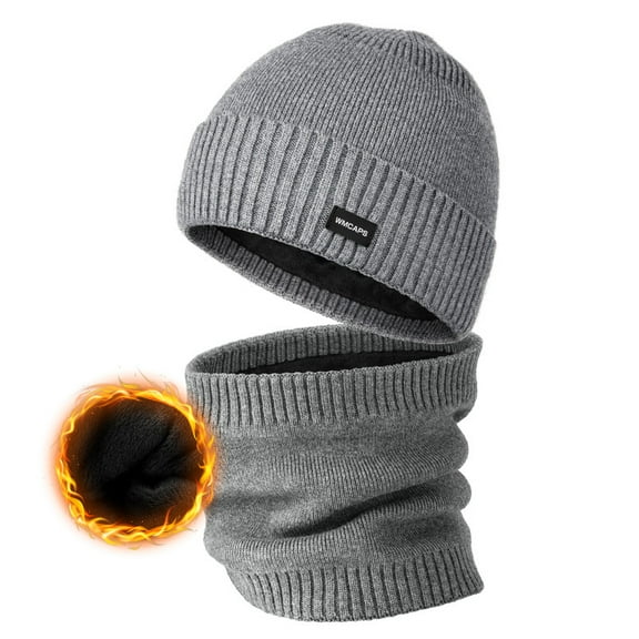 WMCAPS Unisex Fleece Lined Beanie & Scarf Set Gifts for Men Women, Thick Fleece Warmer Neck Face Scarf Set, Stocking Caps with Scarf (Gray)
